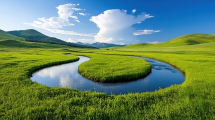 Wall Mural - Serene River Winding Through Lush Meadow