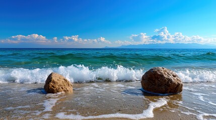 Tranquil Beach Scene with Two Rocks and Foamy Waves