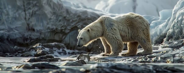 Wall Mural - Polar bear hunting on icy terrain, 4K hyperrealistic photo