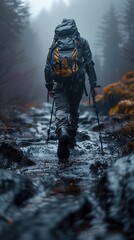 a lone hiker with a large yellow-black backpack navigates a wet, rocky trail surrounded by misty for