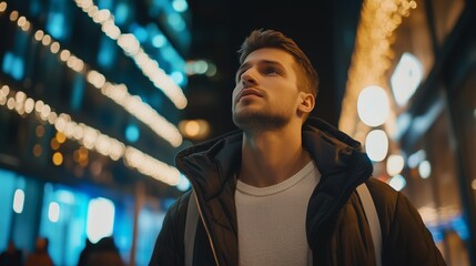 A young man gazes upwards in a vibrant urban setting adorned with twinkling lights during a cool evening stroll