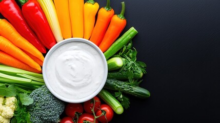 A colorful assortment of raw vegetables with dip for a healthy snack