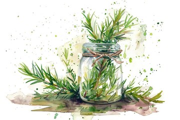 Wall Mural - Watercolor Illustration of Dry Rosemary Herb Jar with Green Leaves on White Background