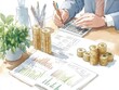 © Rona_65 - A professional analyzing financial data with charts, coins, and a calculator, symbolizing investment and economic growth. watercolor style.