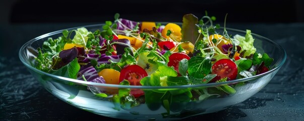 Wall Mural - Crisp garden salad with balsamic dressing, 4K hyperrealistic photo