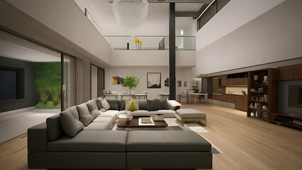 Wall Mural - A modern living room features sleek lines, chic furnishings, minimal decor, and bright, elegant accents.