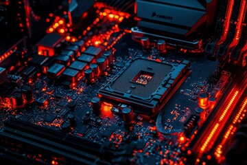 Wall Mural - Close-up of a Computer Motherboard with Red LED Lighting