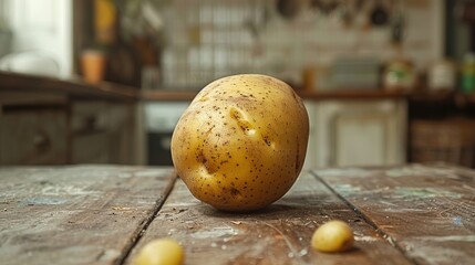 Wall Mural - A large, raw, unpeeled potato sits on a rustic wooden table in a cozy kitchen with blurred background elements, featuring a traditional, homely atmosphere