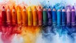 © Yuliia - A vibrant array of colored pencils arranged in a gradient, with watercolor splashes blending the colors together. Ideal for art projects, creative designs, and educational materials.
