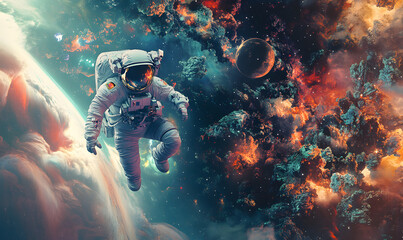 Wall Mural - graphics of space, planets, and astronauts on a white background.