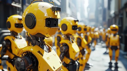 Wall Mural - Close-up of a Yellow Robot with a Line of Similar Robots in the Background