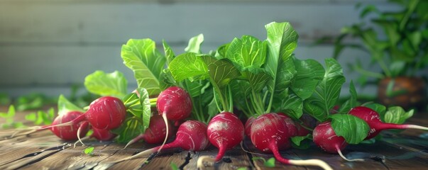 Wall Mural - Vibrant radishes with green tops on wooden table, 4K hyperrealistic photo