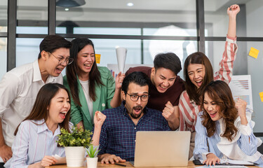 Wall Mural - Group of creative asian business meeting and discussing strategy startup project analysis finance process.Success asian business people work plan and brainstorm marketing idea in office.Teamwork