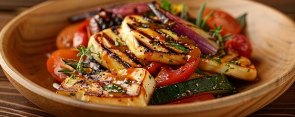 Wall Mural - Grilled halloumi cheese with Mediterranean vegetables, 4K hyperrealistic photo