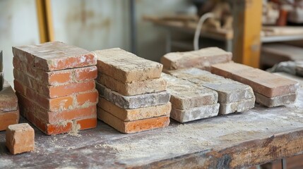 Poster - Brick Stacked on a Dusty Wooden Table