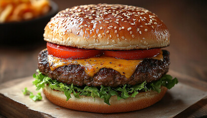 Poster - Grilled burger with cheese on rustic wooden table generated by AI