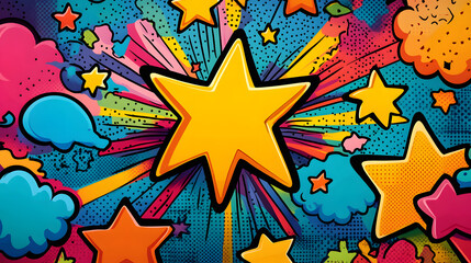 Wall Mural - Vibrant, stylized illustration of various comic book-inspired elements, including speech bubbles, stars, and action lines, forming a playful, graphic pattern on a bold colored background.