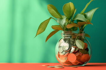 Green Plant Growing from Coins in Glass Jar