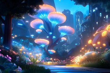 Wall Mural - Fantasy Forest with Glowing Flowers and Futuristic City in the Distance.