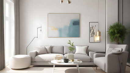 Wall Mural - A modern living room features sleek lines, chic furnishings, minimal decor, and bright, elegant accents.