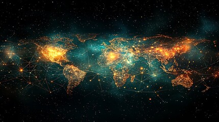 Wall Mural - a global network connection map with glowing lines and cities, visualizing the modern, connected wor