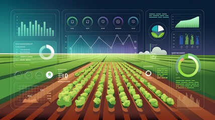 A field of green plants is shown on a computer screen with various graphs and numbers. Concept of productivity and growth, as the plants are thriving in the field. The use of technology to monitor