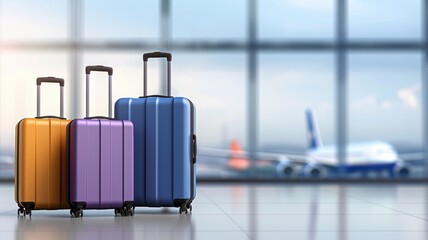 luggage stands at the airport terminal, with an airplane visible through the large windows in the ba