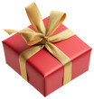 © Pro Hi-Res - A beautifully wrapped red gift box with a shiny gold ribbon isolated on transparent background.