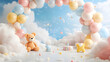 © NoonPanaya - Arch takes center stage, adorned with pastel balloons drifting amidst fluffy clouds and twinkling stars. Scatter big kids toys and decorative clouds on the floor, and place a cheerful teddy bear