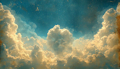 Canvas Print - Bright sky, fluffy clouds, shiny stars at night generated by AI