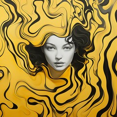 Wall Mural - painting of a woman with a yellow background and black and white swirls