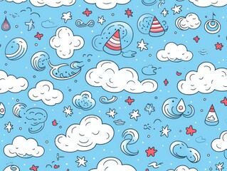 Seamless fun line doodle Sky Blue pattern