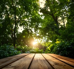 Wall Mural - a close up of a wooden table in a forest with the sun shining through the trees