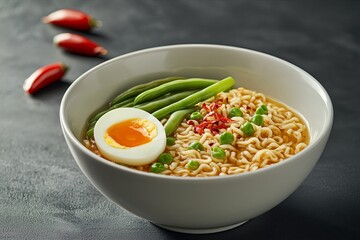 A bowl of ramen noodles with egg, green beans, and peas, with chili peppers in the background.