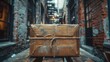 © aicandy - A close-up view of a weathered, tied cardboard package sitting on a wooden table, set against a backdrop of an aged, narrow alley with brick walls and warm lighting