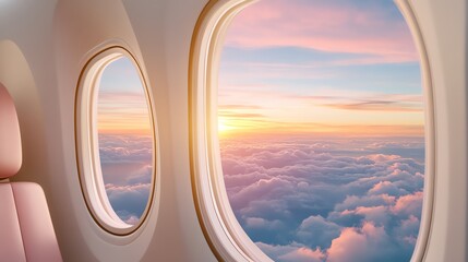 Enjoy a breathtaking view of a colorful sunset from an airplane window, surrounded by soft clouds and serene skies.