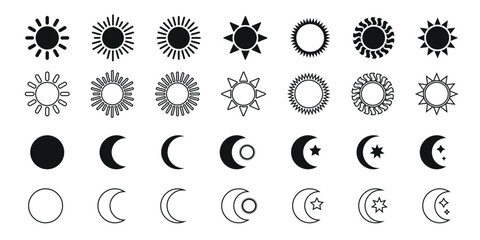 sun and moon icon vector illustration set. night icon of the moon with stars and sun icon, vector on