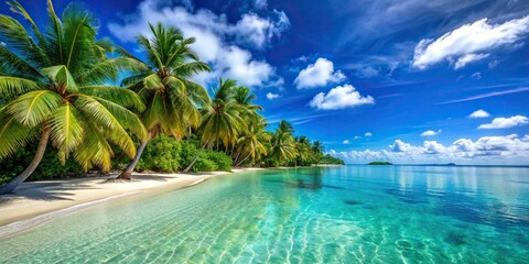 Sticker - A beautiful sunny beach scene with crystal clear blue waters and palm trees along the shore, leisure, beach, destination, relaxation, weekend, horizon, tropical, paradise, ocean, peaceful