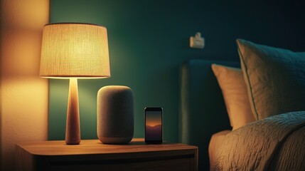 Canvas Print - A Nightstand with a Lamp, a Speaker, and a Phone