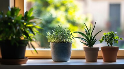 Wall Mural - Four potted plants on a windowsill with a blurred background of greenery and a building