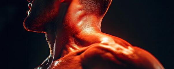 Wall Mural - Close-up of a muscular neck showcasing defined muscles and an artistic light highlighting strength and fitness.