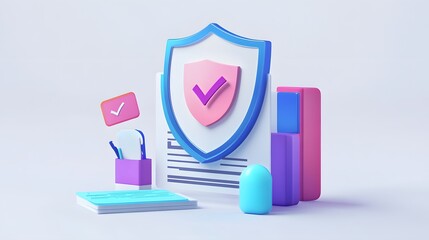 Document with shield and check mark. Health insurance, document security , data protection, finance and medical service concept. 3d vector icon. Cartoon minimal style. White background