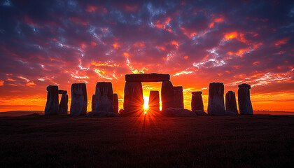 Wall Mural - Sunset over ancient ruins, majestic stone age mystery generated by AI