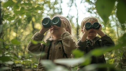 Two children in light jackets are exploring a lush forest with binoculars, peering into the distance. Sunlight filters through the dense foliage creating a serene ambiance.