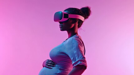 Sticker - Pregnant Woman Wearing VR Headset Against a Pink Background