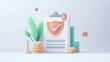 © plaksa - Document with shield and check mark. Health insurance, document security , data protection, finance and medical service concept. 3d vector icon. Cartoon minimal style. White background