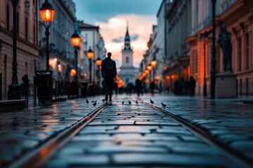 A person is seen walking down a cobblestone city street illuminated by street lights at dusk, creating a picturesque urban evening scene with a mix of both modern and historic elements.