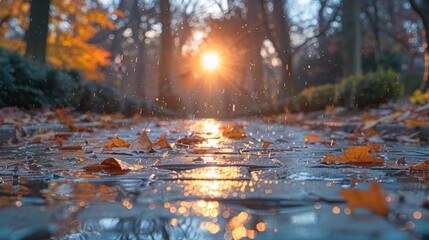 Wall Mural - A serene autumn morning with sunlight glimmering through trees as fallen leaves and reflections enhance a peaceful park pathway scene