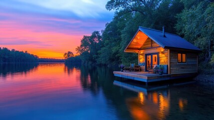 Wall Mural - Tranquil Lake Cabin Sunset