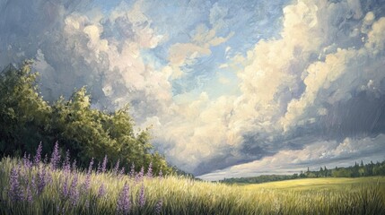 Canvas Print - A Painting of a Field with Purple Flowers and a Cloudy Sky